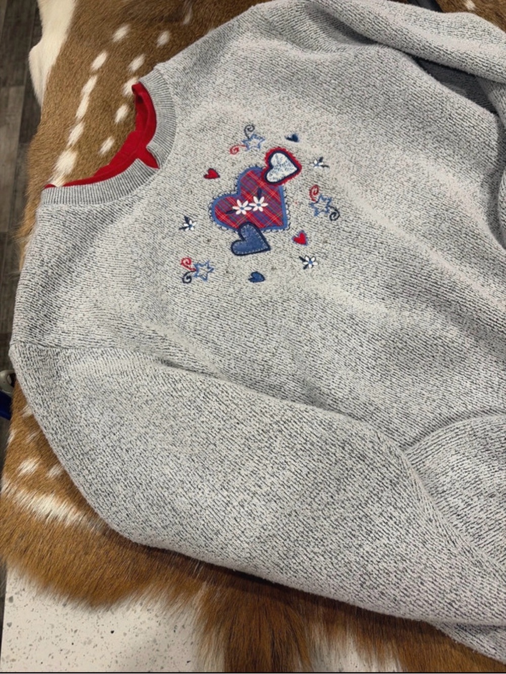 BonWorth Gray Crewneck Sweater with Red & Blue Heart Motif